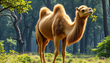 A majestic two-humped camel standing confidently in a lush green forest setting, showcasing its strong body and elegant posture
