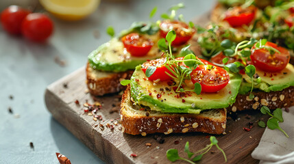 Artisan avocado toast with vibrant tomatoes and sprouts, a delicious and healthy treat on rustic bread.