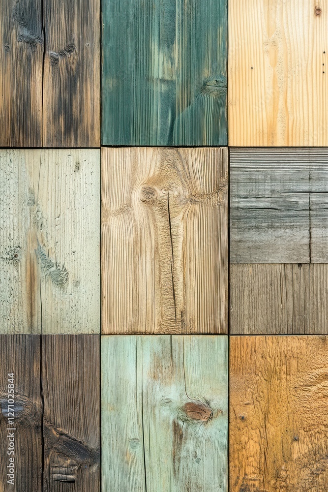 Poster colorful wood panels arranged in a grid pattern, showing various textures and colors of stained and 