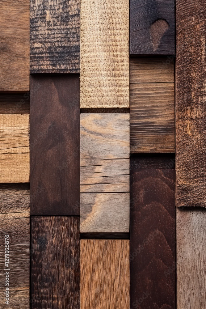 Poster close-up of various wood types arranged in a geometric pattern, showcasing different colors and text