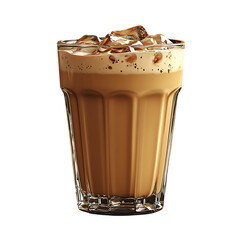 Realistic 3D render of iced coffee with cream in a glass on transparent background.