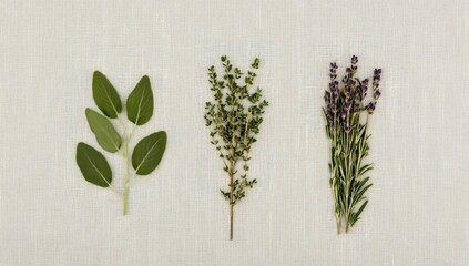 Top view of three culinary herbs sage, thyme, and rosemary with lavender, arranged on a linen background.