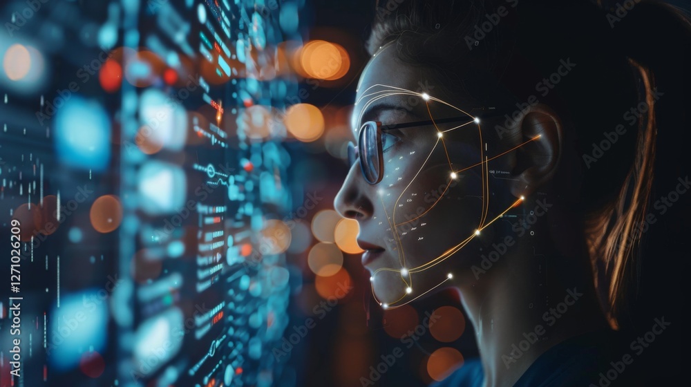 Poster A person with glasses focuses intently on a digital display, analyzing intricate data patterns and facial recognition features in a vibrant, urban environment at night.