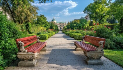 Two red benches in a formal garden with a building in the background on a sunny day.