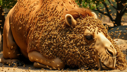 A resting camel with its entire body appearing to be blanketed in honeybees, giving an illusion of a fur made entirely of bees
