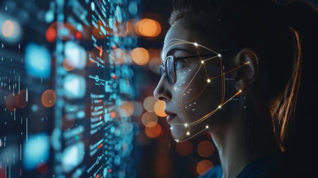 A person with glasses focuses intently on a digital display, analyzing intricate data patterns and facial recognition features in a vibrant, urban environment at night.