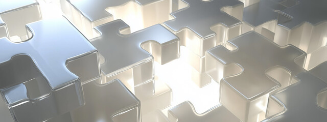 Mesmerizing display of sparse back lit shiny glowing metallic jigsaw puzzle pieces in 3d