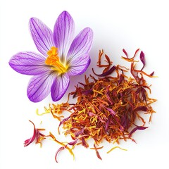 Dried saffron and crocus flowers on white background.