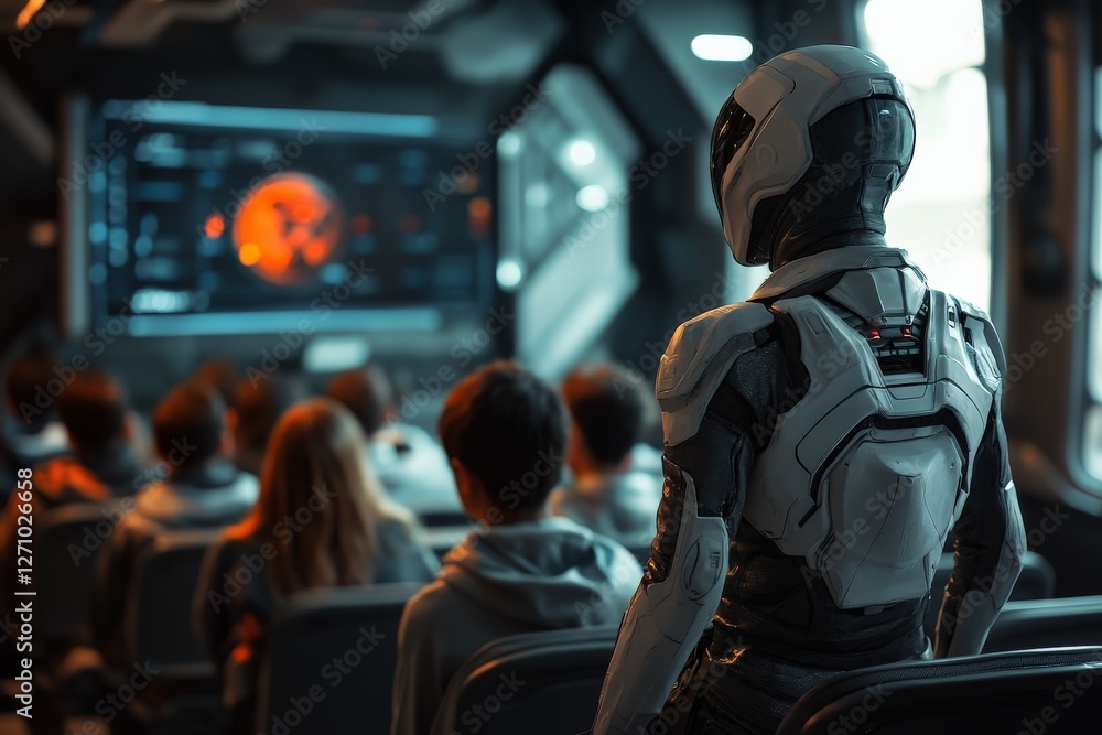 Poster robot stands in front of a group of people watching a presentation on a futuristic screen in a high-