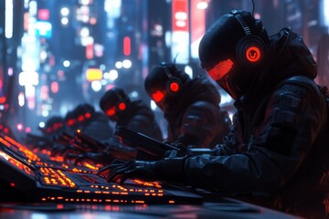 Futuristic hackers in neon-lit cityscape engaging in covert operations during the night