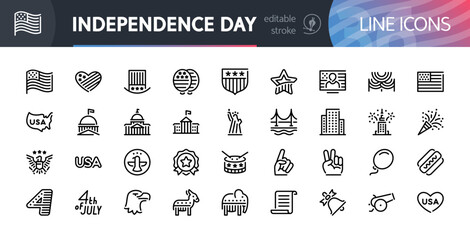 Set of 36 USA Independence Day Line Icons with Editable Stroke. Suitable for web, infographics and apps. Isolated on white background.