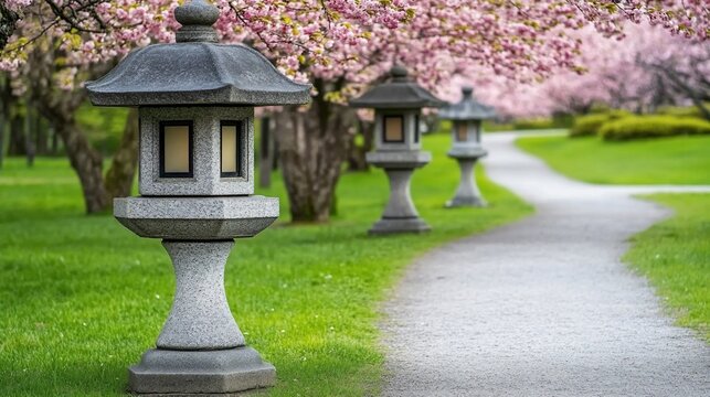 Stone lanterns line path, cherry blossoms, garden, serenity, travel brochure