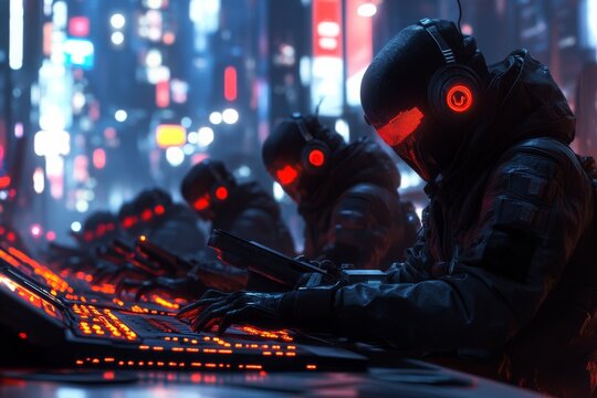 Futuristic hackers in neon-lit cityscape engaging in covert operations during the night