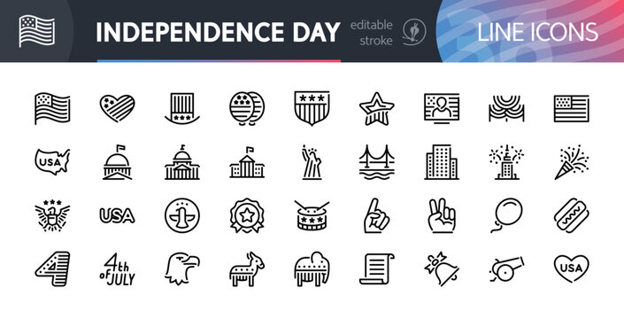 Set of 36 USA Independence Day Line Icons with Editable Stroke. Suitable for web, infographics and apps. Isolated on white background.