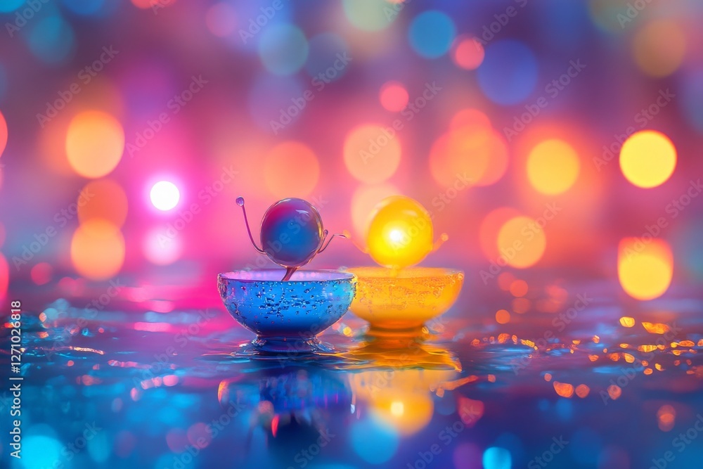 Poster colorful floating spheres create a vibrant display on a reflective surface with blurred bokeh lights