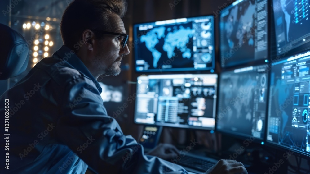 Poster A man in glasses focused on various computer screens displaying maps and data in a control room. The environment is dimly lit, suggesting nighttime work on technology.