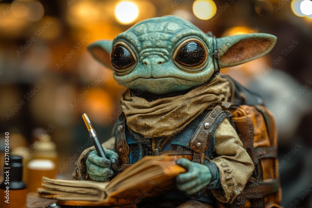 Poster small creature with large eyes writes in a notebook while sitting at a table in a cozy setting