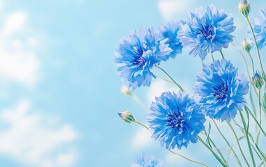 Naklejka premium A bouquet of blue cornflowers on a pastel sky-blue background