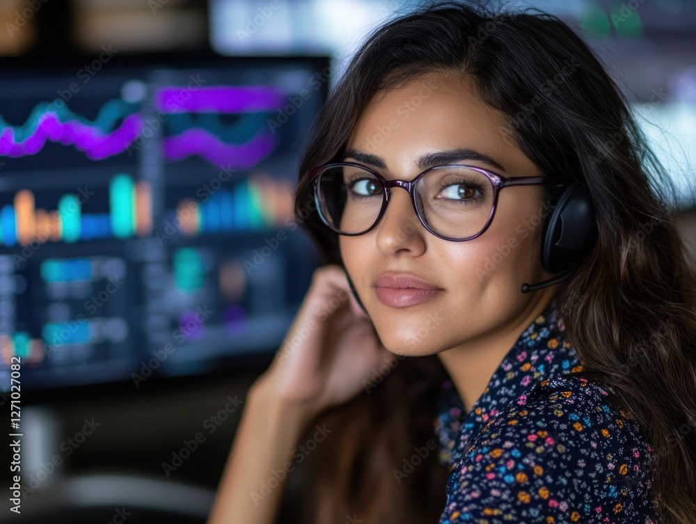 Aufkleber young woman with headset analyzing data on multiple computer screens in a modern office environment