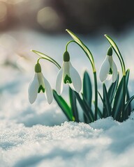 Close-up of snowdrops blooming in the snow. Sunny day. Space for text.