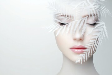 Fototapeta premium A serene, artistic portrait of a model with closed eyes, adorned with delicate white ferns, creating a dreamy, nature-inspired aesthetic.
