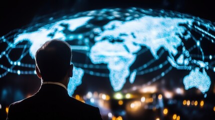 Business professional analyzing global data insights digital workspace infographic display futuristic environment strategic perspective