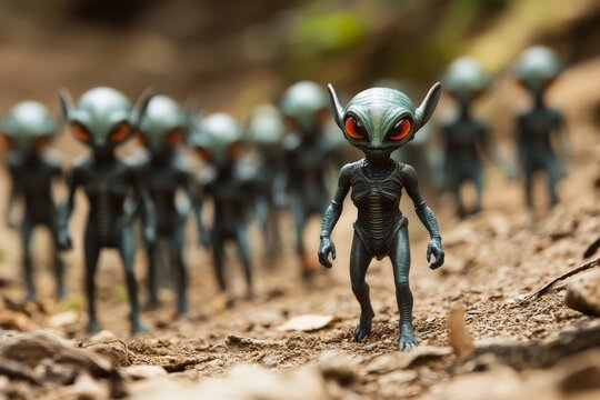 Curious aliens explore a forested area during daylight, showcasing unique features and a mysterious atmosphere of extraterrestrial life