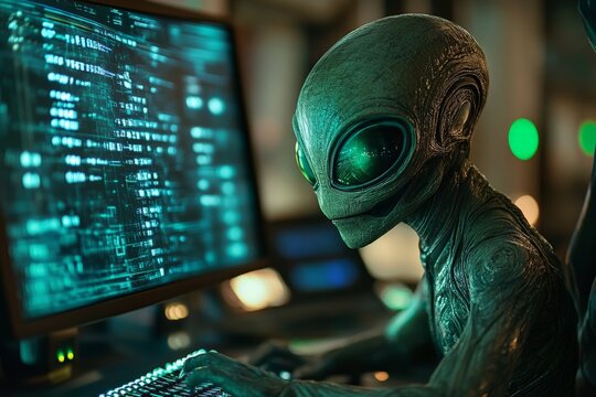 Alien intelligence interacts with computer system in futuristic environment