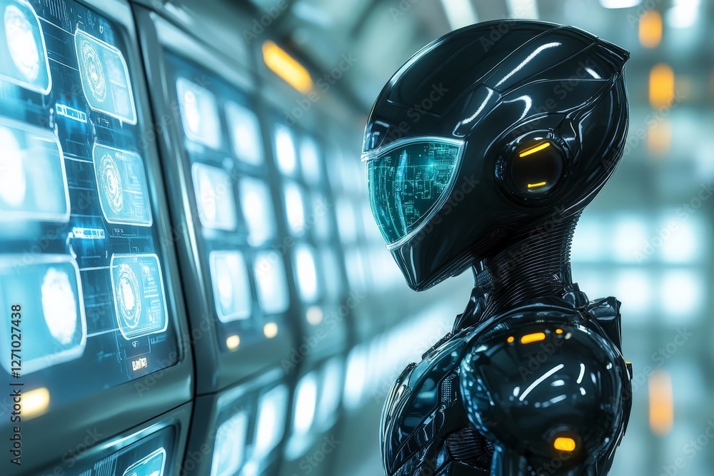 Poster futuristic robot interacting with advanced technology in a high-tech environment at night