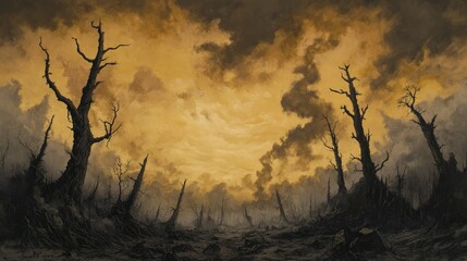 Obraz premium Dark Mysterious Forest, Dramatic Sky, Spooky Dead Trees, Eerie Evening, Gloomy Landscape, Haunted Wilderness