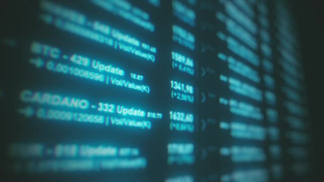 Stock Market And Exchange Board Screen Background/ Animation of a business stock exchange market background with bitcoins currencies data and numbers and close-up of software screen with depth of fiel