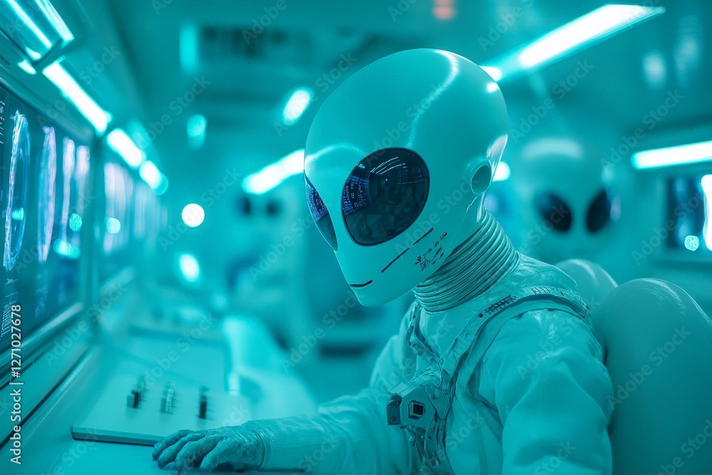 Poster futuristic alien technology hub with extraterrestrial beings working and exploring advanced systems