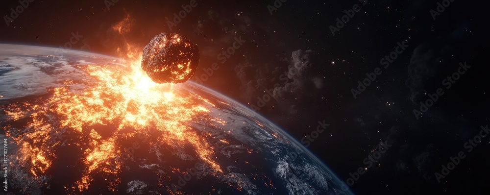 Poster asteroid impact idea. a striking image of an asteroid colliding with earth, showcasing cosmic destru
