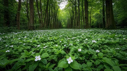 White Wildflowers Carpet Path Through Lush Green Forest