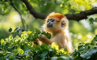 Obraz premium A bright orange golden snub-nosed monkey in the treetops