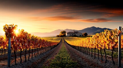 Fototapeta premium A rolling vineyard under a golden sunset. The perfectly aligned grapevines stretch across gentle hills, illuminated by the warm glow of the evening light.
