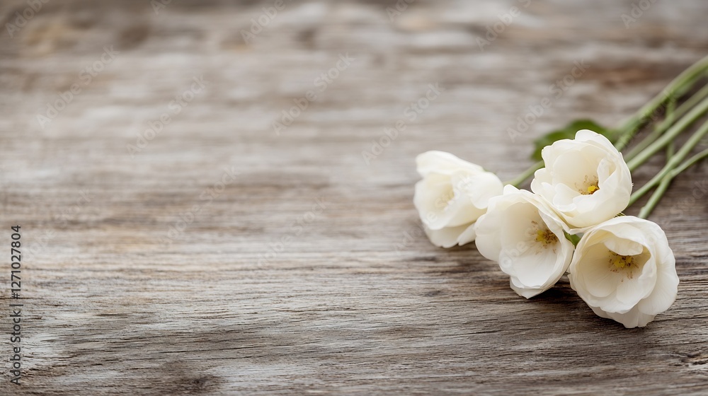 Poster delicate white flowers arranged on a rustic wooden background creating a serene atmosphere : generat