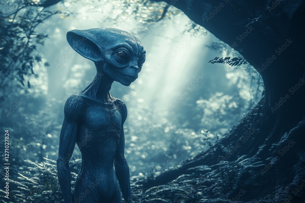 Aufkleber mysterious alien figure in a misty forest during twilight exploring the wonders of the universe