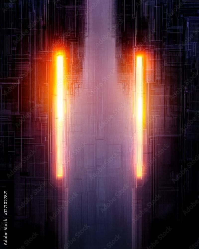Poster a glowing abstract design featuring vertical light bars against a dark background, creating a futuri