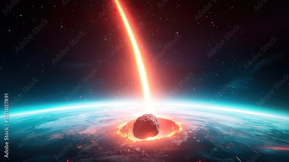 Poster asteroid impact idea. an asteroid striking the earth, creating a dramatic explosion and light displa