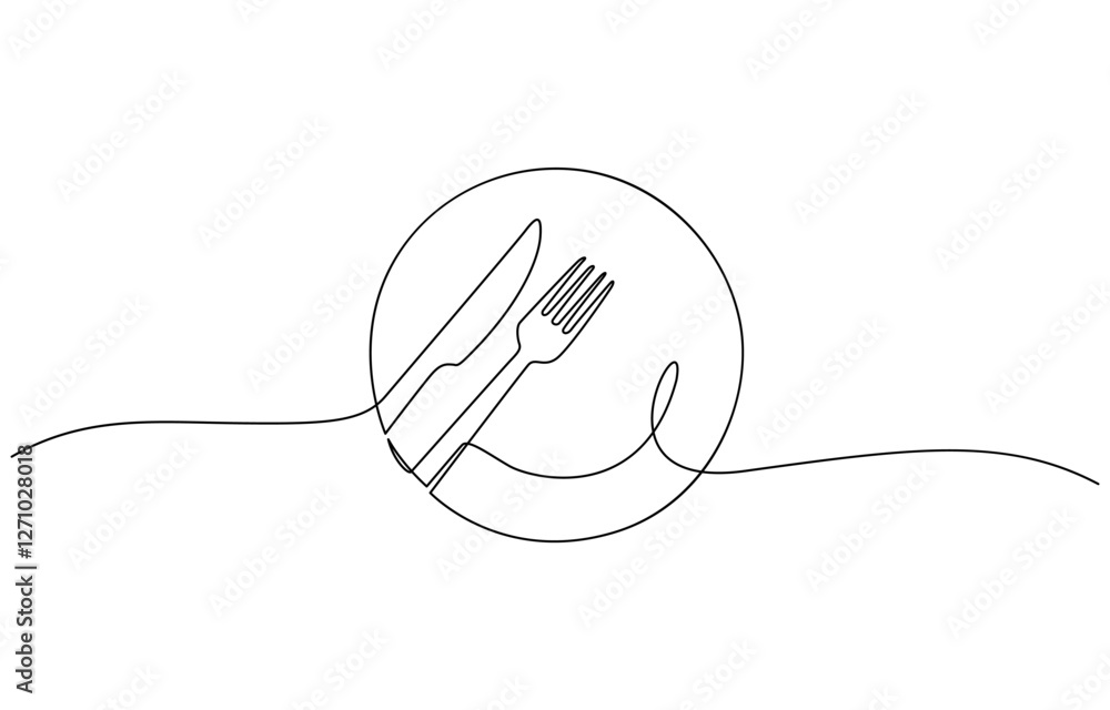 Poster plate with fork and knife. continuous line drawing. food frame border doodle, minimalist continuous 