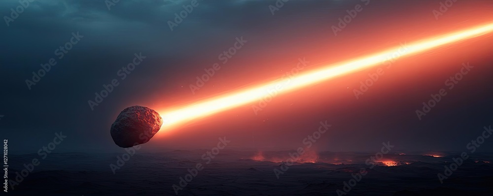 Poster asteroid impact idea. a vivid illustration of an asteroid impacting with a bright laser beam effect.