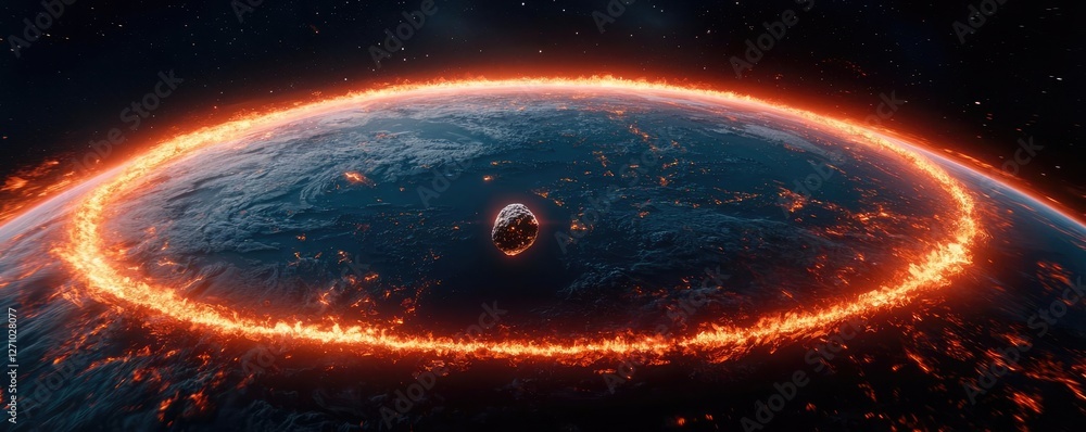 Poster asteroid impact idea. an artistic representation of a fiery planet in the cosmos with a dramatic hal