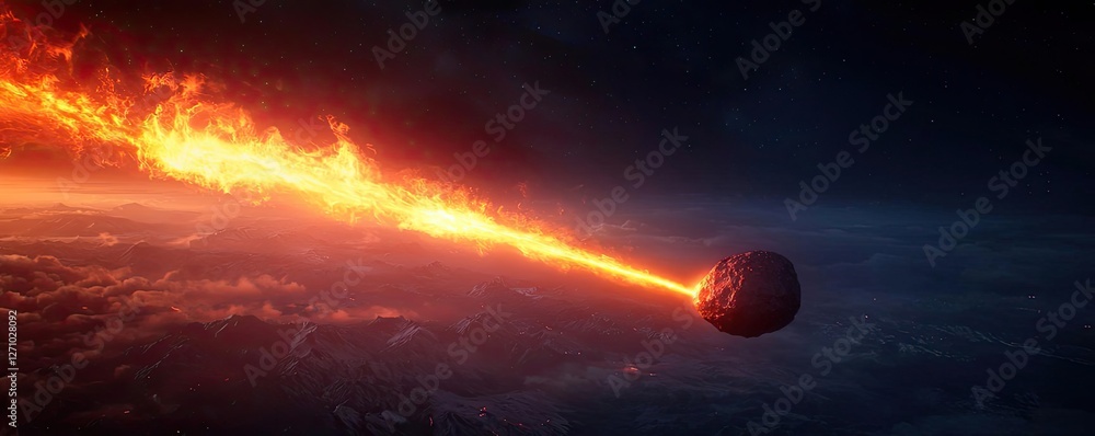 Poster asteroid impact idea. a dramatic view of a fiery meteor approaching earth, showcasing cosmic wonder.