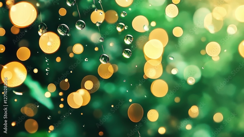 Aufkleber dewdrops on leaves with soft bokeh background and green hues