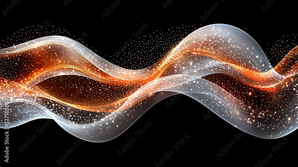 Poster abstract waves with radiant glowing lights on a smooth black background creating visual depth