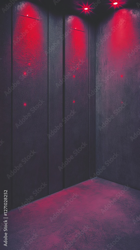 Poster a dimly lit space with dark walls and red lights, creating a moody atmosphere, possibly resembling a