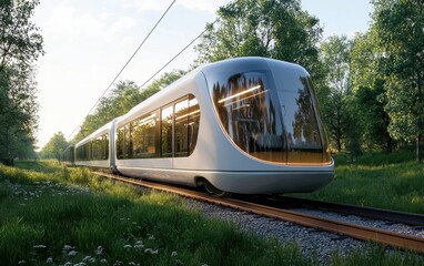 Naklejka premium A clean, futuristic electric train speeding through the countryside