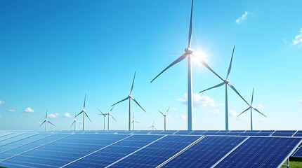 Fototapeta premium Sustainable Energy: Solar Panels and Wind Turbines under a Bright Sky
