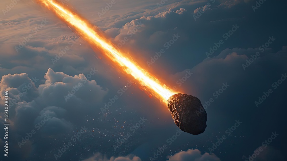 Poster asteroid impact concept. a meteor streaks through the sky, illuminating the clouds with fiery trails